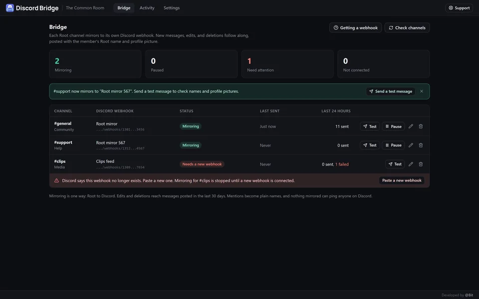 Discord Bridge's Bridge tab with Root channels connected to Discord webhooks