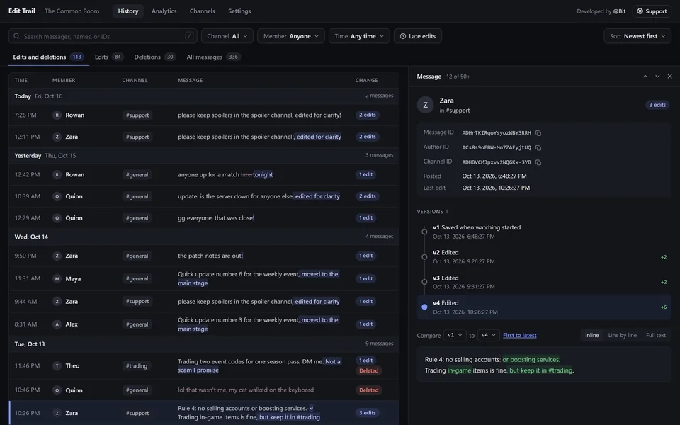 Edit Trail's History tab with edits grouped by day and one message's versions open side by side