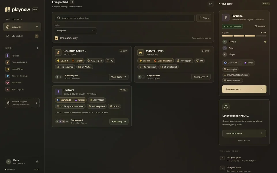 Playnow's Discover screen with live parties, filters, and your current party